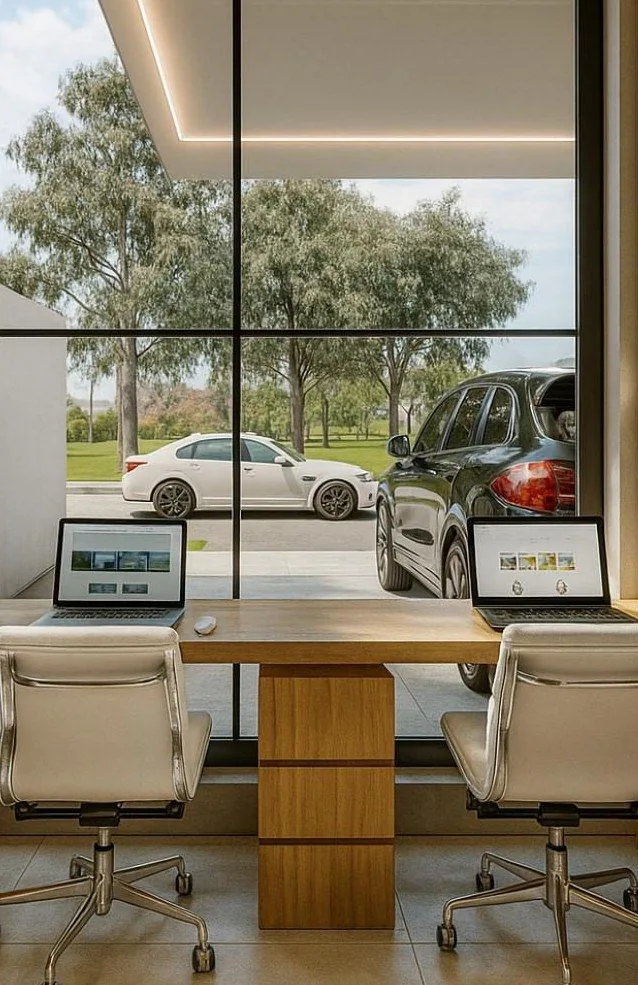 Home office com vista para o jardim