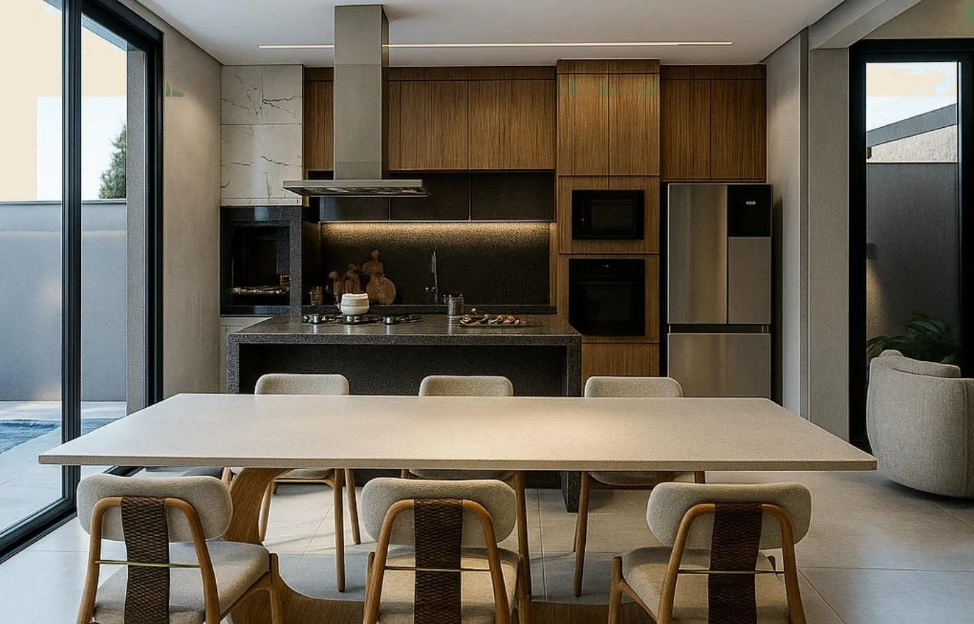 Varanda gourmet integrada à sala e ao jantar
