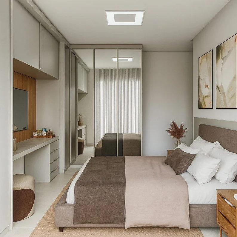 Suíte master com closet, marcenaria planejada e acesso à piscina